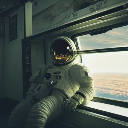 Image similar to a beautiful photo of an astronaut sitting in a train, soft light, morning light, photorealistic, realistic, octane, 8k, cinematic shot