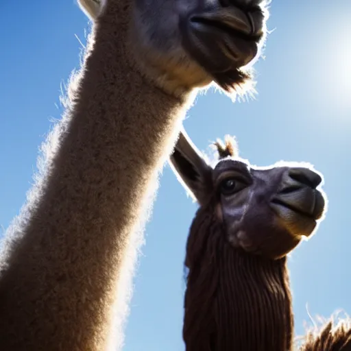 Image similar to film still of a llama in a jersey dunking a basketball, low angle, show from below, tilted frame, 3 5 °, dutch angle, extreme long shot, high detail, indoors, dramatic backlighting.