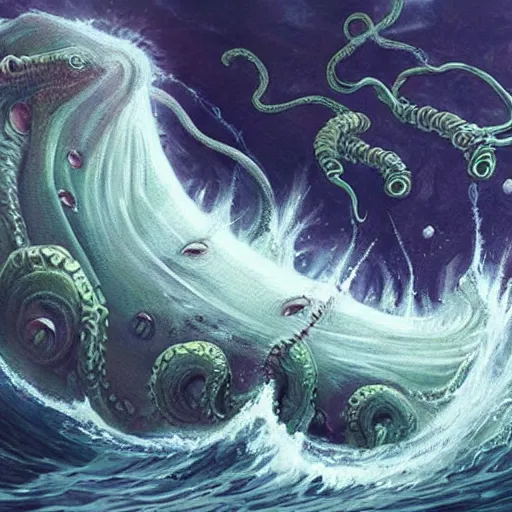 Image similar to hyperealistic painting of cthulhu is fighting many gods in a ocean that is in space, and cthulhu is wreaking havoc and causing the structure of the ocean to collapse