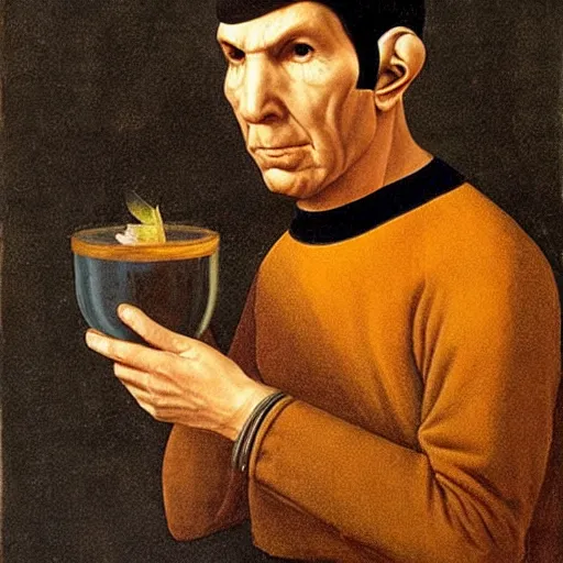 Image similar to portrait of spock drinking a tropical beverage, painting by leonardo da vinci