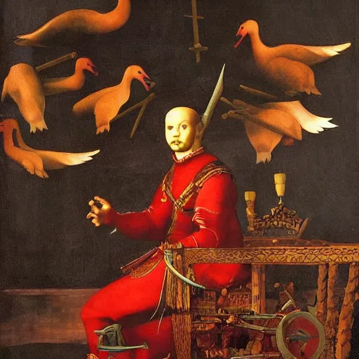 Prompt: a goose sitting on a throne made of swords, renaissance painting, detailed rendering, red lighting, ominous atmosphere