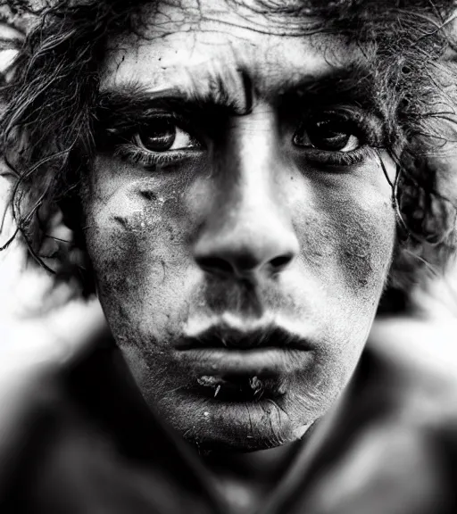 Image similar to Award winning reportage photo of Mauri Natives with incredible hair and beautiful hyper-detailed eyes wearing traditional garb by Lee Jeffries, 85mm ND 5, perfect lighting, gelatin silver process