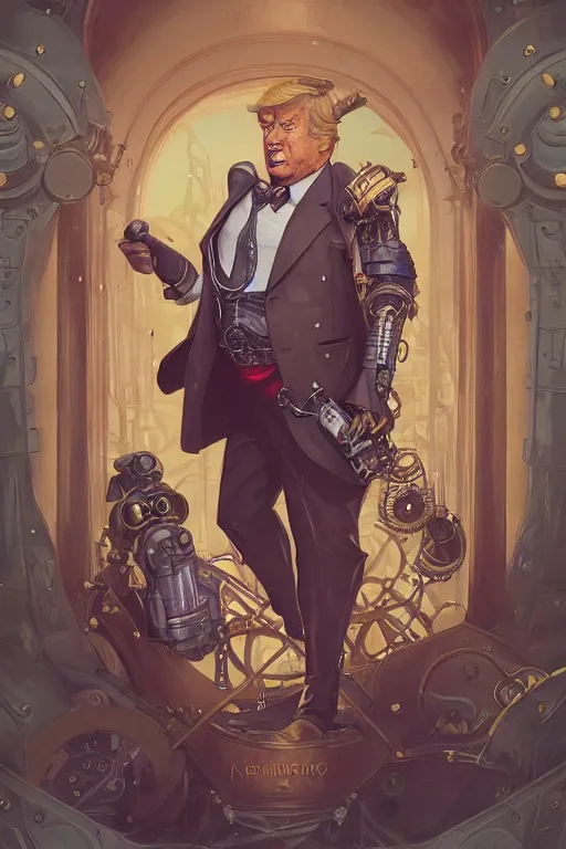 Image similar to anthropomorphic trump as steampunk half - cyborg, western, high fantasy, dnd, smooth, sharp focus, illustration, highly detailed, digital painting, artstation, concept art, by disney animation, rossdraws, alphonse mucha, frank fanzzeta, collectible card art