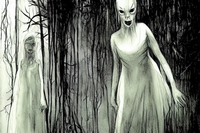 Prompt: a ghostly apparition of a girl in white dress haunting the dark forest artwork by ben templesmith