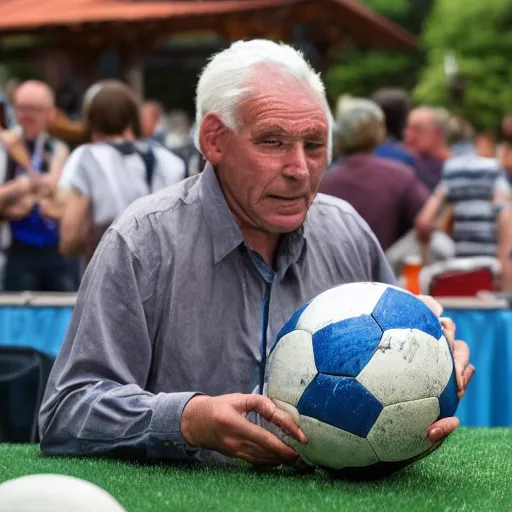 Image similar to an old man with blue hair bringing his priceless soccer ball to the antiques roadshow,