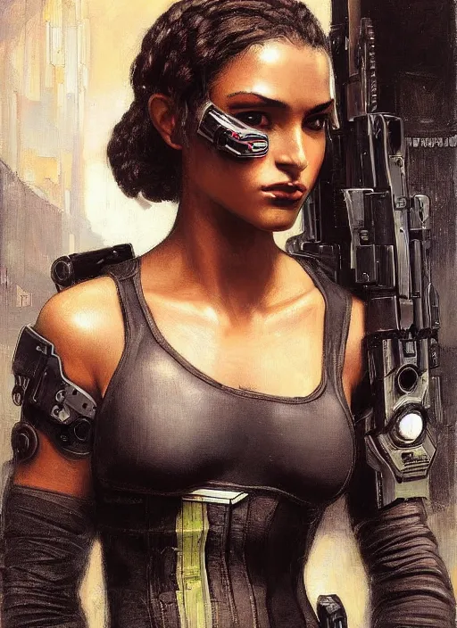 Image similar to Beautiful Juliana. beautiful female cyberpunk Blackops commander wearing a military vest and military stealthsuit (cyberpunk 2077, Blade Runner 2049). gorgeous face. African woman. Orientalist portrait by john william waterhouse and Edwin Longsden Long and Theodore Ralli and Nasreddine Dinet, oil on canvas. Cinematic, hyper realism, realistic proportions, dramatic lighting, high detail 4k