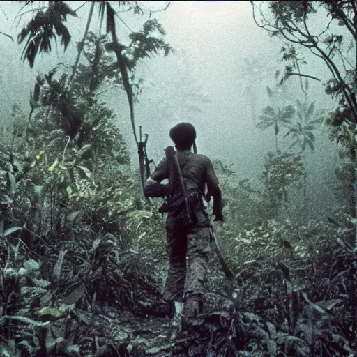 Image similar to film still, far view, emma watson soldier hiking through dense vietnam jungle, dense cloud fog, film still from apocalypse now ( 1 9 7 9 ), 2 6 mm, kodak ektachrome, blue tint expired film,