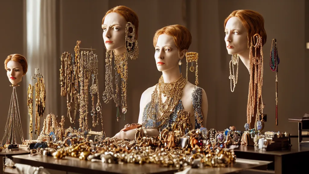 Image similar to a woman made of jewelry stands in the living room, film still from the movie directed by Denis Villeneuve with art direction by Salvador Dalí, wide lens, 4K, realistic