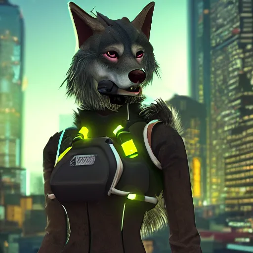 Prompt: anthropomorphic female wolf fursona wearing a tech harness in a cyberpunk city, photo realistic, ambient lighting