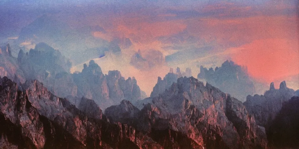 Prompt: 1 9 2 0 s color spirit photography 9 1 1 1 2 1 of alpine red sunrise in the dolomites, smoke from mountains, quiet, by william hope, beautiful, dreamy, grainy