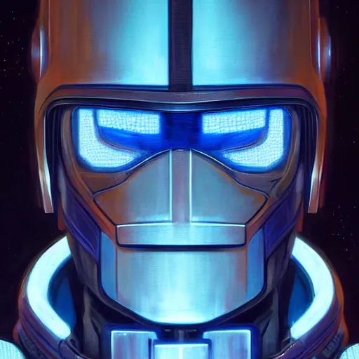Prompt: robot with glowing blue visor as a realistic scifi cyberpunk knight, closeup portrait art by donato giancola and greg rutkowski, realistic face, digital art, trending on artstation, symmetry!!!