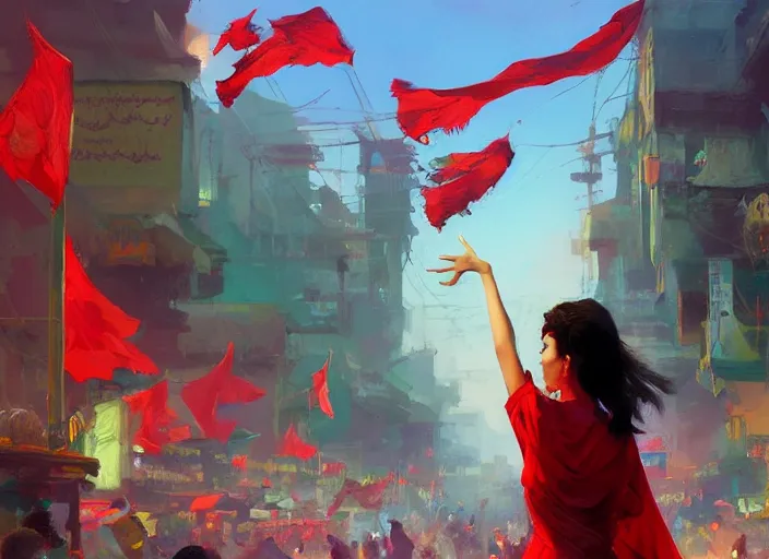 Prompt: gorgeous inspiring girl enthusiastically waving a red flag over her head dancing with celebrating crowd in a Mandelbrot fractal bustling modern Teheran bazaar by Craig Mullins, ilya kuvshinov, krenz cushart, artgerm trending on artstation by Edward Hopper and Dan Mumford and WLOP and Rutkovsky, Unreal Engine 5, Lumen, Nanite