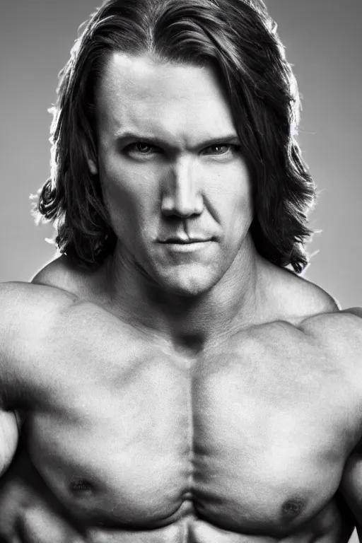 Image similar to Matthew Mercer is a jacked muscle builder gigachad, grayscale photography, Critical Role, Raised eyebrow