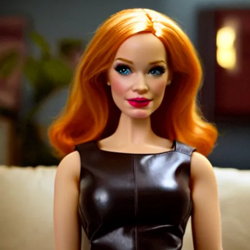 Image similar to amazing beautiful Christina Hendricks barbie doll wearing leather in the living room, film still from the movie directed by Denis Villeneuve , wide lens