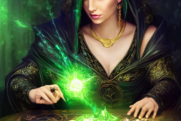 Prompt: a beautiful sorceress wearing a black robe with gold embroidery, sitting at table, casting a spell, green glows, painted by sharandula and artgerm, in the style of magic the gathering, highly detailed digital art