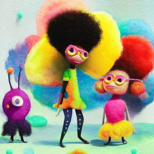 Image similar to a black girl with a colorful afro and big colorful eyes, bright colours, bokeh!!, watercolor, volumetric wool felting, macro photography, children illustration, by goro fujita
