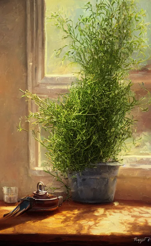 Image similar to dried herbs and scissors on the table, dittany in a small pot, on wooden table in the ray of sunshine, oil painting, sharp focus, high detailed, calm, warm lighting, sparkles, digital art, concept art, by Rutkowsky, baroque