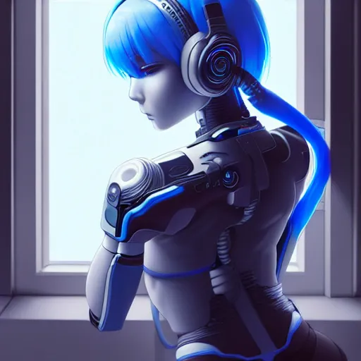 Image similar to cyborg - girl with silver hair, wearing headphones, and sitting on a window sill, highly detailed, painting, dark blue and black color palette, intricate, high quality anime artstyle, in the style of ross tran