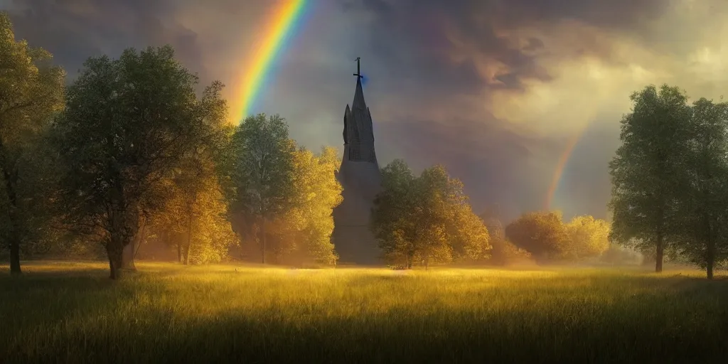Image similar to idyllic church chapel with a steeple in a lush countryside meadow forest, rainbow across the sky, ethereal, golden swirling dust, iridescent, atmospheric, volumetric, cinematic, light breaking through clouds, greg rutkowski, wlop, otherworldly, glowing, trending on artstation, 8 k, unreal engine