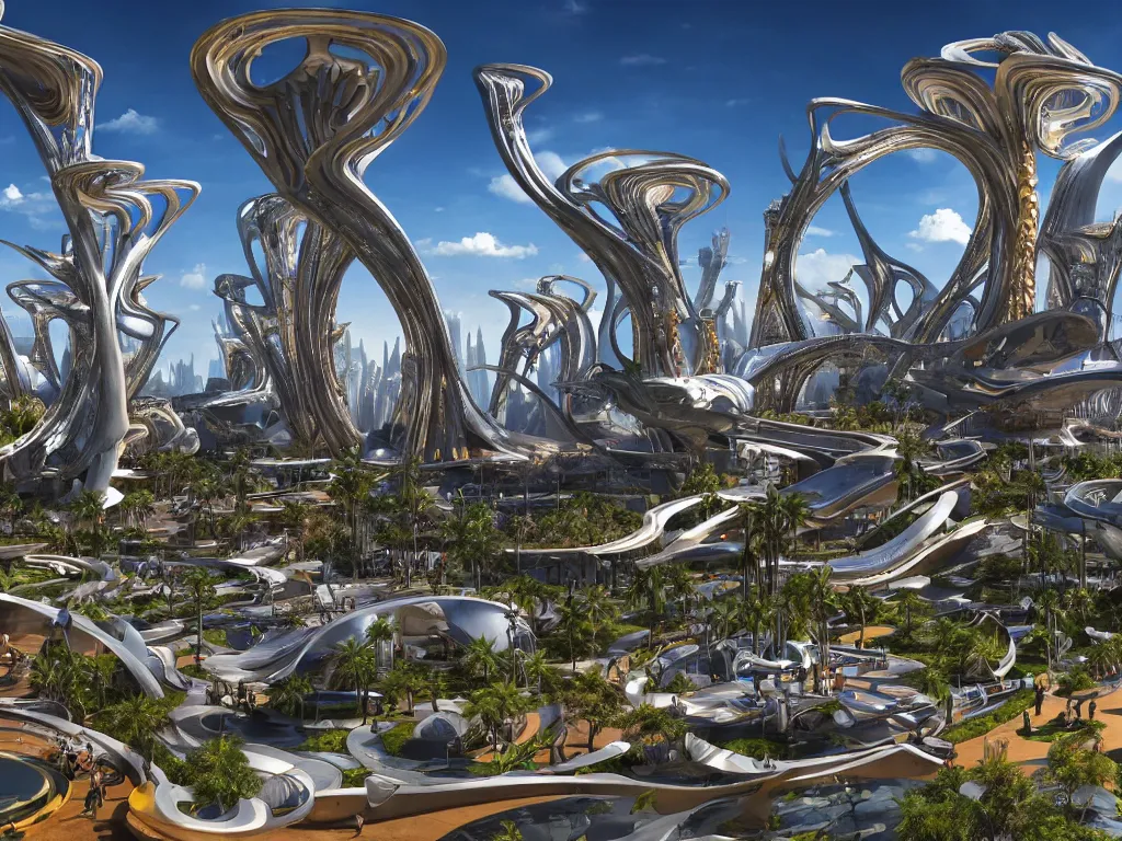 Image similar to a busy elaborate ornate outdoor sci - fi park, cinematic, shadows, partly cloudy day, 4 k, detailed, by zaha hadid and basquiat