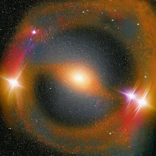 Prompt: The painting shows two galaxies in the process of colliding. One galaxy is much larger than the other, and both are surrounded by a halo of gas and dust. The galaxies are very bright, and there are many new stars forming. The painting is very realistic, showing the details of the galaxies and the stars. The background is dark, and the stars are shining brightly. The photo is ultra wide, 8k