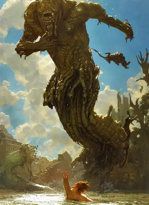 Image similar to huge towering alien brute beautiful demon emerging from lake on sunny day, splashing, partially submerged, water cascading, by sergey kolesov and lawrence alma tadema and norman rockwell and greg staples and craig mullins and john berkey and ruan jia, artstation creature art