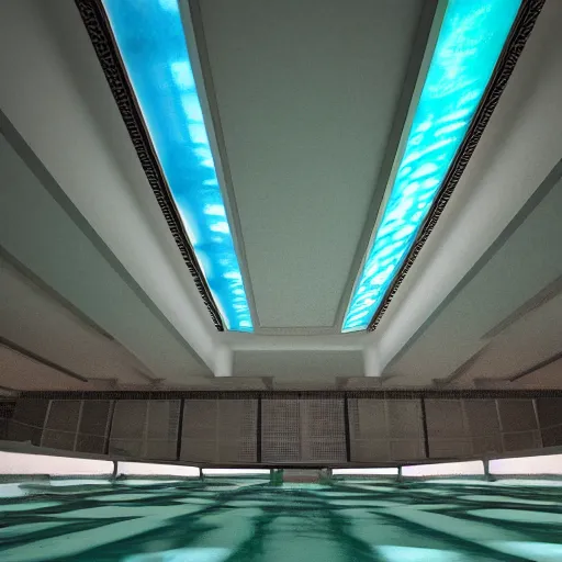 Image similar to liminal space, abandoned aqua park, ceiling light, water, high detailed, photorealistic 4k - H 768