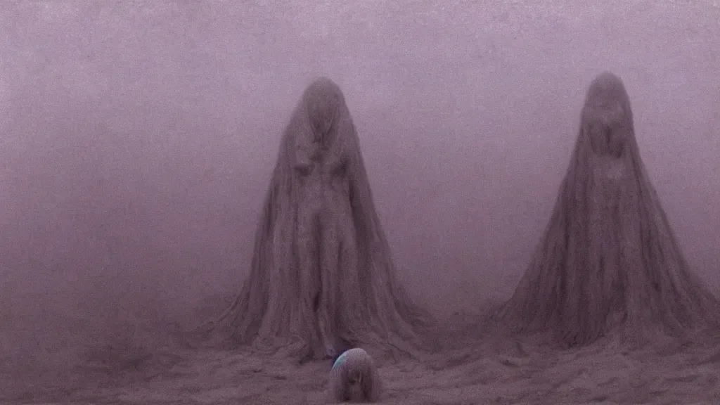 Image similar to the creature talks to me in my sleep by Zdzisław Beksiński, film still, cinematic