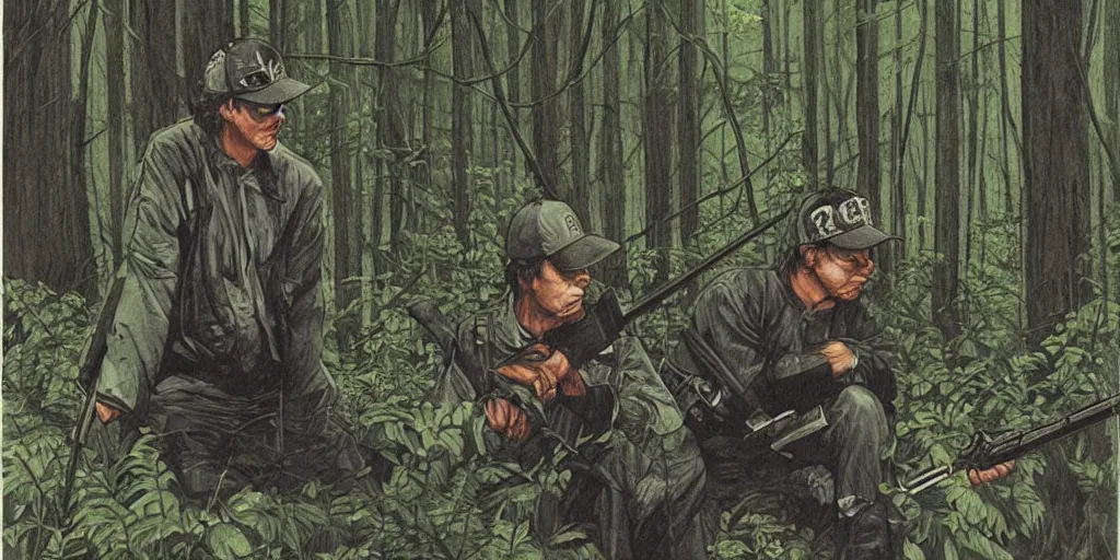 Prompt: a man with a baseball hat and a rifle in a lush dark deep forest, stephen king 1 9 8 0 s, japanese illustrator, post apocalyptic thriller