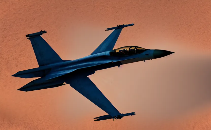 Prompt: a gritty hyperdetailed photorealistic f - 1 8 hornet ground attack aircraft flying low in the desert, volumetric lighting, cinematic framing, cinematic lighting, cinematic shadows, in the style of top gun maverick