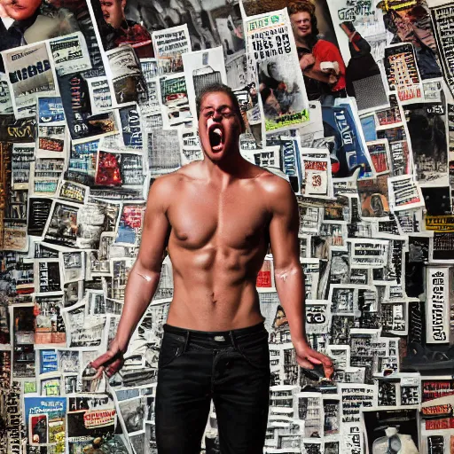 Image similar to a professional photographic collage made of ripped magazines of a young angry man furious in the middle of street, high definition, highly detailed, photo-realistic, unreal engine render, 16k