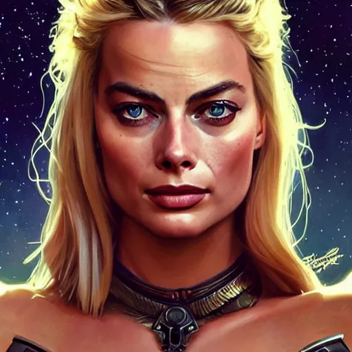 Prompt: Margot Robbie's face combined with Jennifer Anniston's face as a Space Marine, western, D&D, fantasy, intricate, elegant, highly detailed, digital painting, artstation, concept art, matte, sharp focus, illustration, art by Artgerm and Greg Rutkowski and Alphonse Mucha