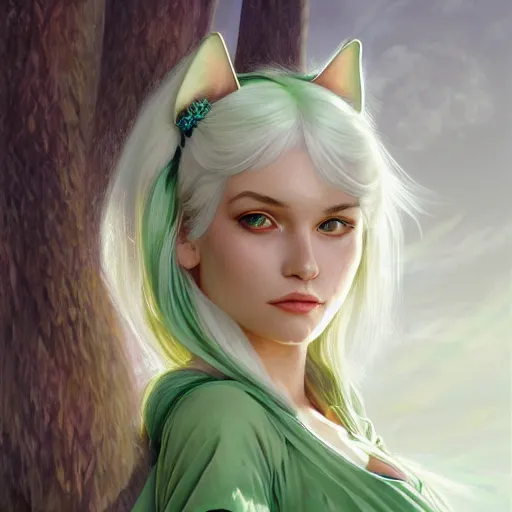 Image similar to ultra realistic illustration, dream girl with white hair, with light green eyes, with cat ears, in a sundress, intricate, elegant, highly detailed, digital painting, artstation, concept art, smooth, sharp focus, illustration, art by artgerm and greg rutkowski and alphonse mucha