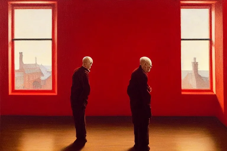 Image similar to only with red, a red old man try to sell a portrait, cheering crowd, in the style of beksinski, parts by edward hopper, parts by rodcenko, parts by yue minjun, intricate and epic composition, red by caravaggio, insanely quality, highly detailed, masterpiece, red light, artstation, 4 k