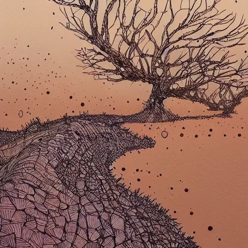 Prompt: desert landscape painting at twilight, watercolor, pen and ink, intricate lines, elegant, extreme detail, smooth, sharp focus, art by james jean