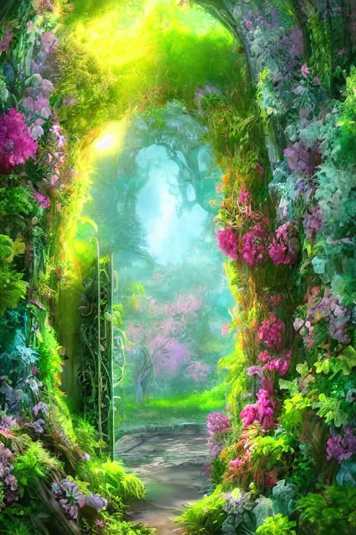 Prompt: digital painting of a secret garden through a doorway, concept art, artstation, vaporwave, nature, lush, greenery, fantasy, fantasy aesthetic, fantasy vibe, colorful, faded effect, artstation, trending, detailed, small details, scenery,