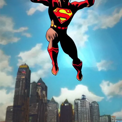 Image similar to photorealistic black superman flying. super dialed. super muscled