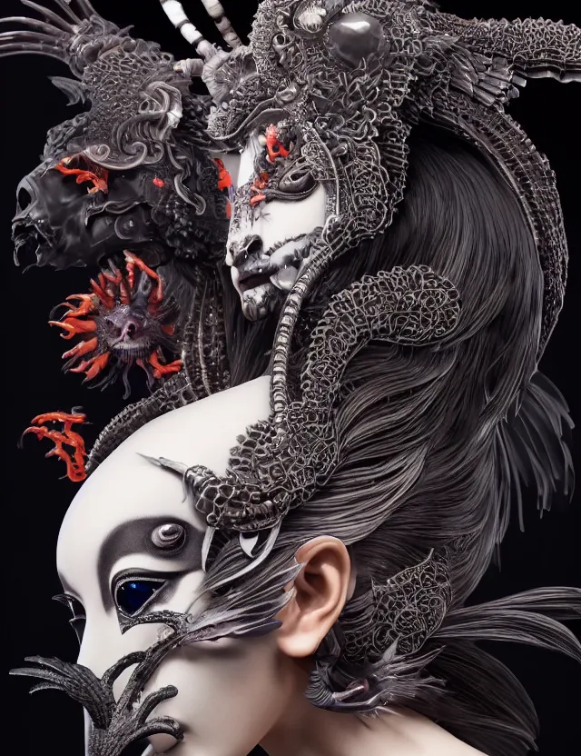 Image similar to 3 d goddess of death close - up profile portrait with ram skull. beautiful intricately detailed japanese crow kitsune mask and clasical japanese kimono. betta fish, jellyfish phoenix, bio luminescent, plasma, ice, water, wind, creature, artwork by tooth wu and wlop and beeple and greg rutkowski