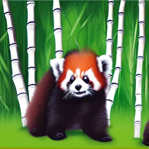 Prompt: animal friends cute fluffy baby red panda and cute fluffy black and white baby panda together with bamboo background, detailed 4k painting in the style of mark brooks