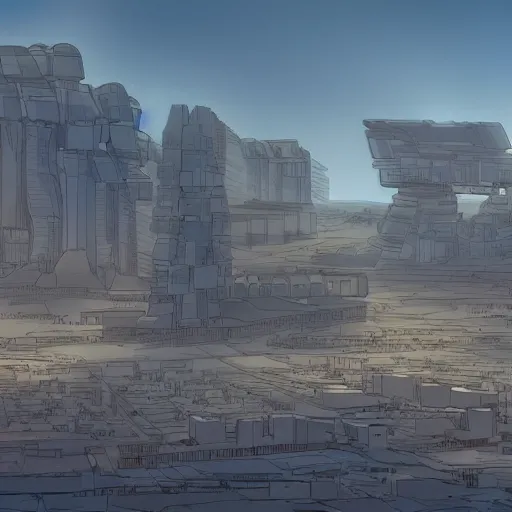 Image similar to cyberpunk pueblo architecture covering a desert landscape