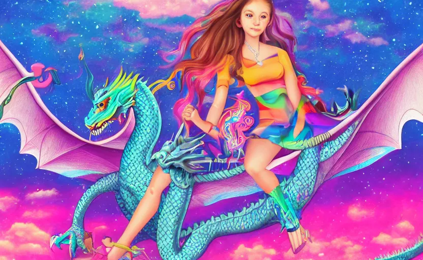 Prompt: teenage girl riding a dragon, digital art, highly detailed, smooth, lisa frank, ultra realistic, bright