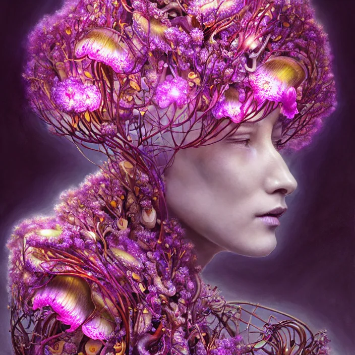Image similar to extremely psychedelic organic cyborg made of orchid and cherry blossom tree and mushroom, LSD, diffuse lighting, fantasy, intricate, elegant, highly detailed, lifelike, photorealistic, digital painting, artstation, illustration, concept art, smooth, sharp focus, art by John Collier and Albert Aublet and Krenz Cushart and Artem Demura and Alphonse Mucha