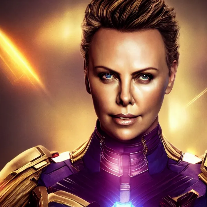 Prompt: portrait of ((Charlize Theron)), wearing The Infinity GAUNTLET. thanos, infinity gauntlet. intricate artwork. octane render, trending on artstation, very coherent symmetrical artwork. avengers. thanos. cinematic, hyper realism, high detail, octane render, 8k, iridescent accents