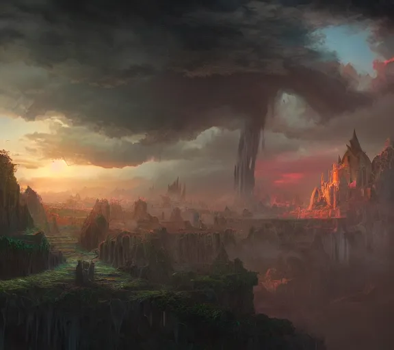 Prompt: matte painting of a small town with a huge tall demonic magical ethereal portal!!! ( in the style of noah bradley and raphael lacoste and ruan jia and marc simonetti )