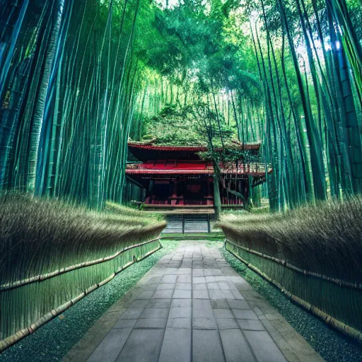 Prompt: photo of a small Japanese temple hidden in a bamboo forest, cinematic, light rays, beautiful, 8k,