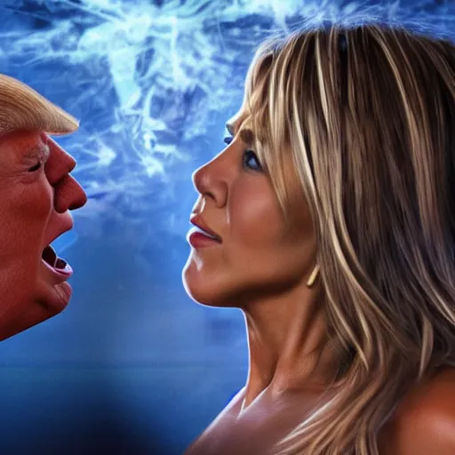 Prompt: photorealistic jennifer aniston punching donald trump. hyperdetailed photorealism, 1 0 8 megapixels, amazing depth, high resolution, 3 d shading, 3 d finalrender, 3 d cinematic lighting, glowing rich colors, psychedelic overtones, artstation concept art.