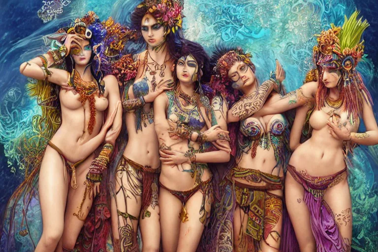 Prompt: a centered full body render of a harem alluring festival hippies with tribal tattoos surrounded by a underwater ink pour and flowing liquid galium and sacred geometry, perfect body face and hands, powerful, cinematic, beautifully lit, by artgerm, by karol bak, by donato giancola, 3 d, trending on artstation, octane render, 8 k