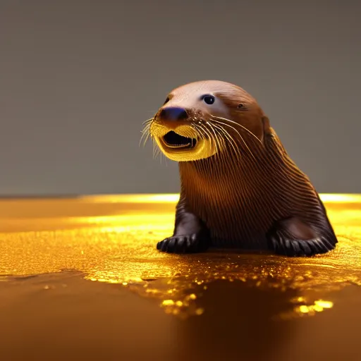 Image similar to a river otter with gold, expression, photo realistic, dramatic cinematic lighting, octane render, 4k, ultra detailed