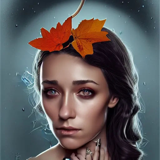 Image similar to gorgeous female stella maeve magician, realistic character concept, medium shot, elegant pose, spooky, illustration, symmetrical face and body, realistic symmetrical eyes, artstation, cinematic lighting, detailed realistic symmetrical eyes, cgsociety, 8 k, charlie bowater, tom bagshaw, single face, insanely detailed and intricate elegant, autumn leaves