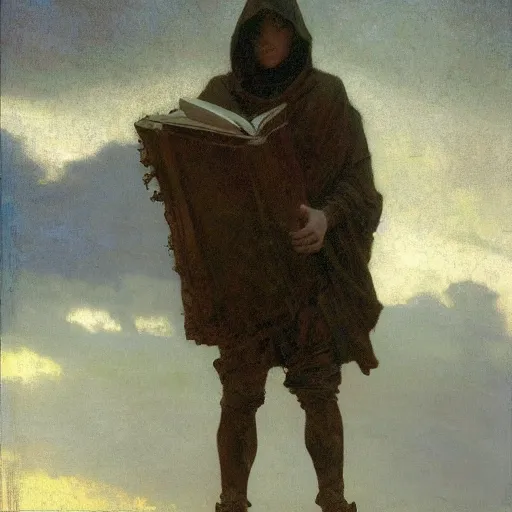 Image similar to portait of magican wearing a closed cerimonial cowl and big old book! chained to the wrist, jeremy mann, jean - leon gerome, tiepolo, alphonse mucha, greg rutkowski, face in the shadows, ( ( ruins of ancient rome ) ), at dusk, mysterious atmosphere, sunrays, dof, high detailed, 8 k